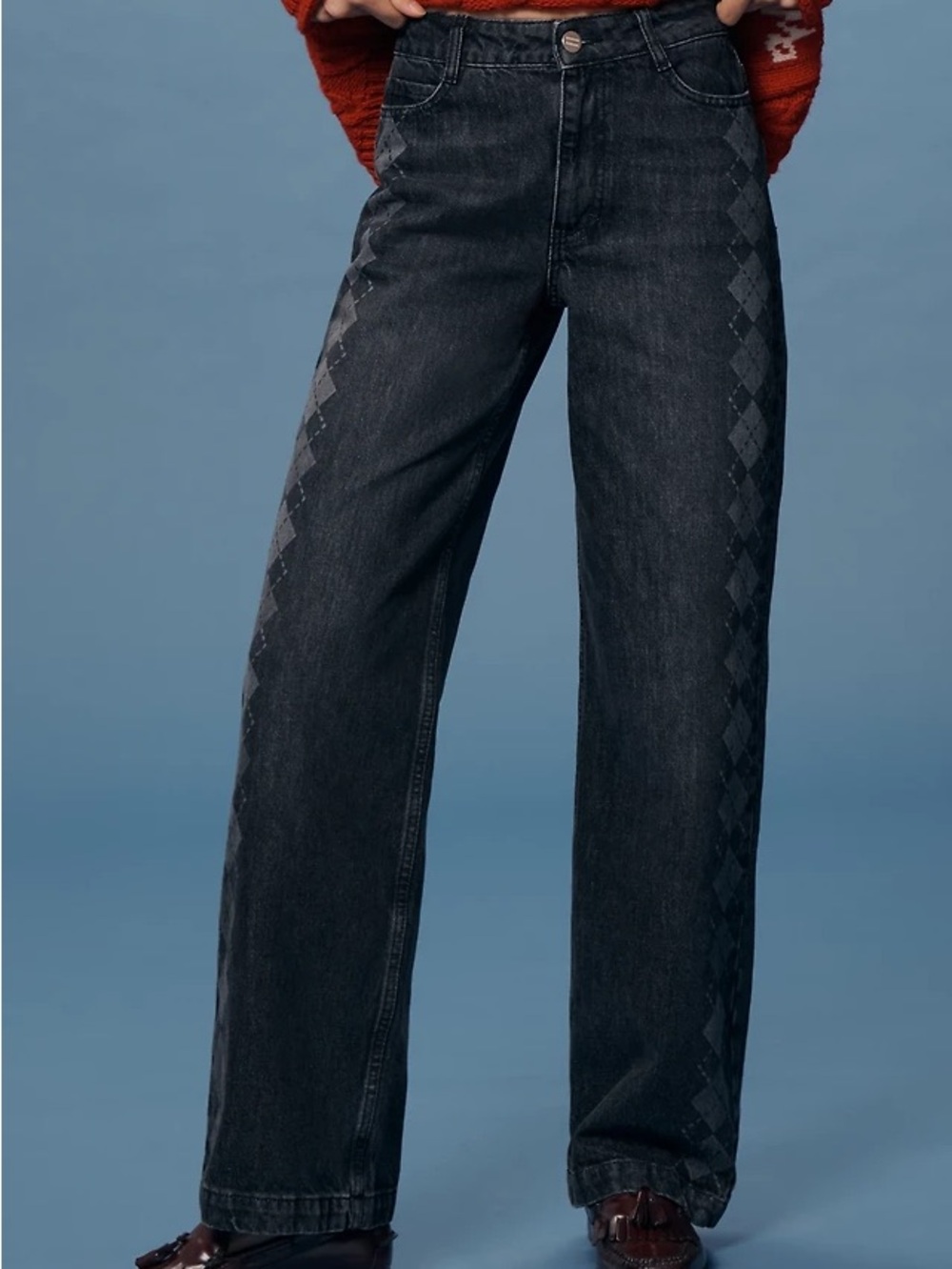 Damson Madder Straight Leg Jeans with argyle pattern